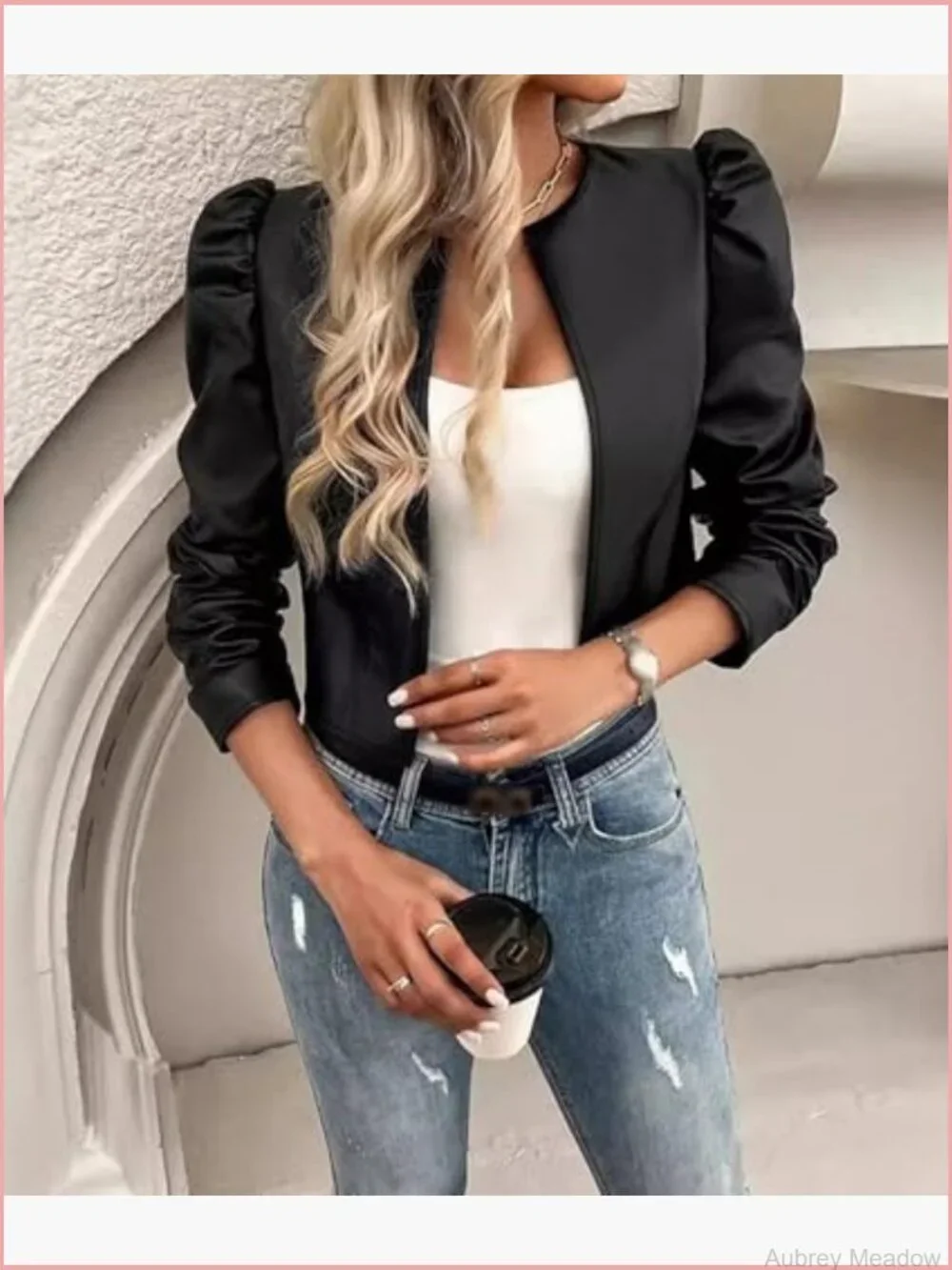 Faux Leather Puff Sleeve Cropped Bolero Blazer Open Front PU